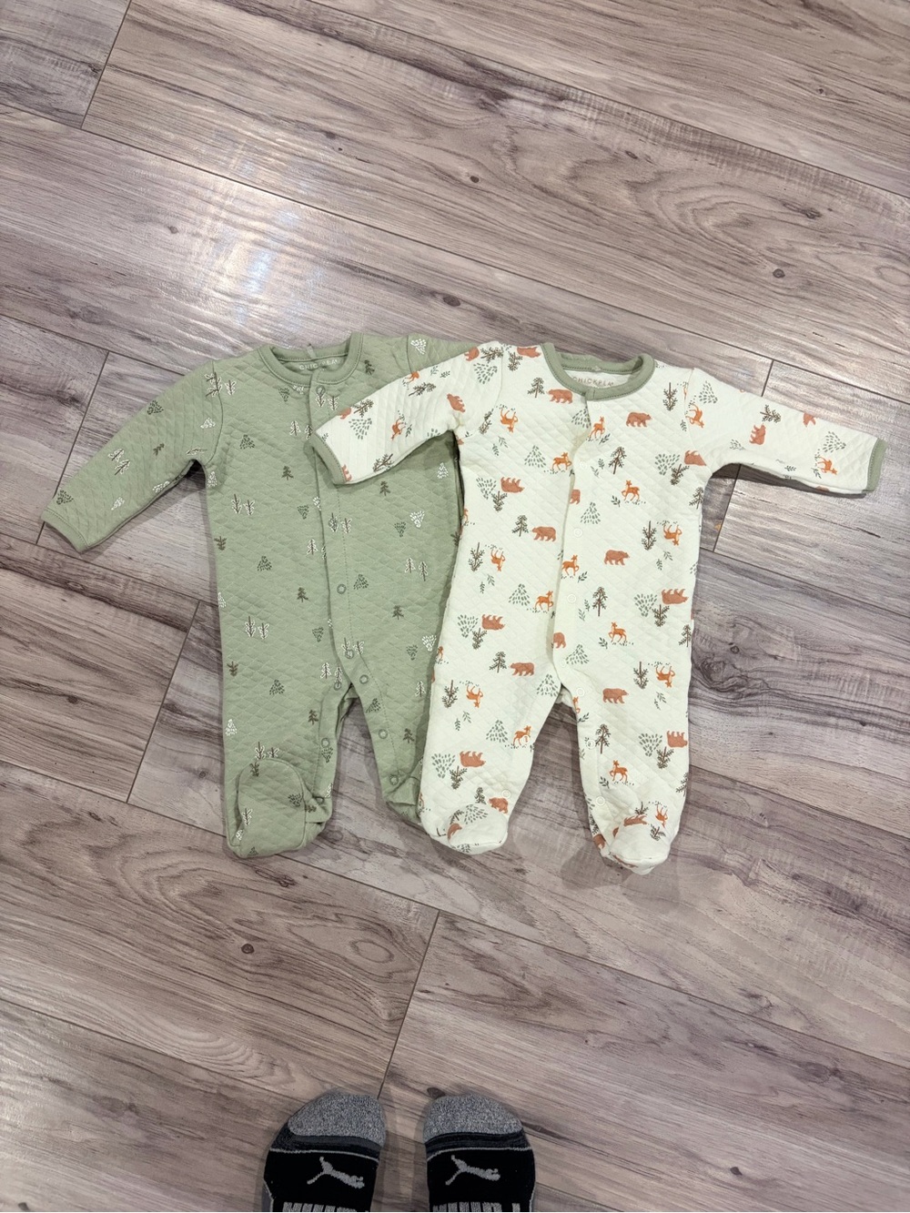chick pea Green and Cream Forest Print Footed One-Piece Duo
